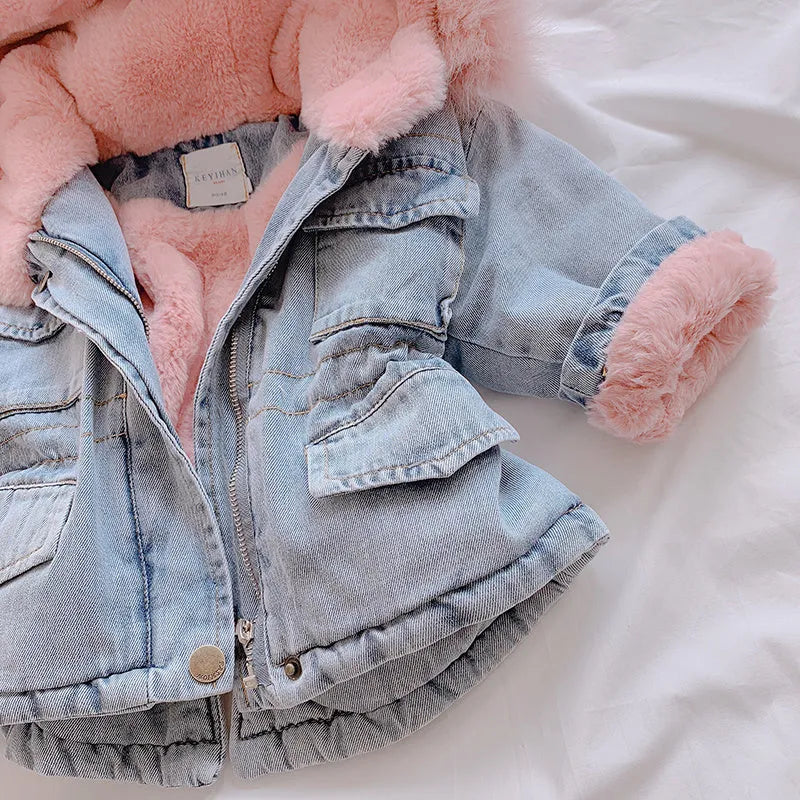 Girls blue denim coat with attached hat and velvet lining for winter wear