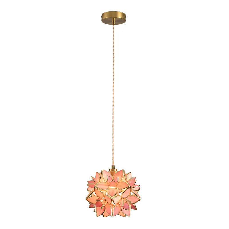 Stained glass hanging chandelier with copper lamp heads showing coloured glass shade options