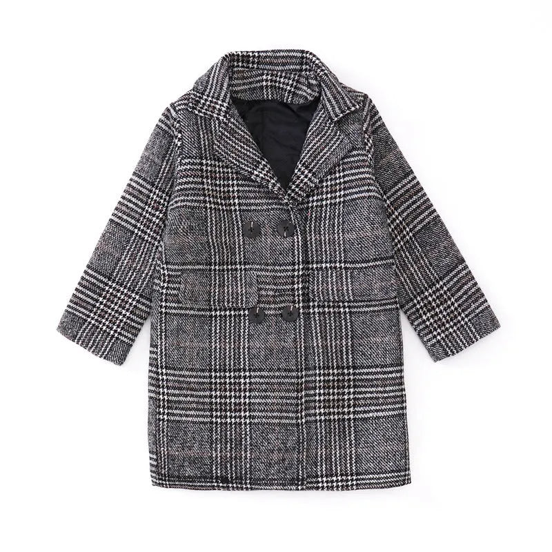 Girls grey and white houndstooth check coat with a suit collar and long sleeves.