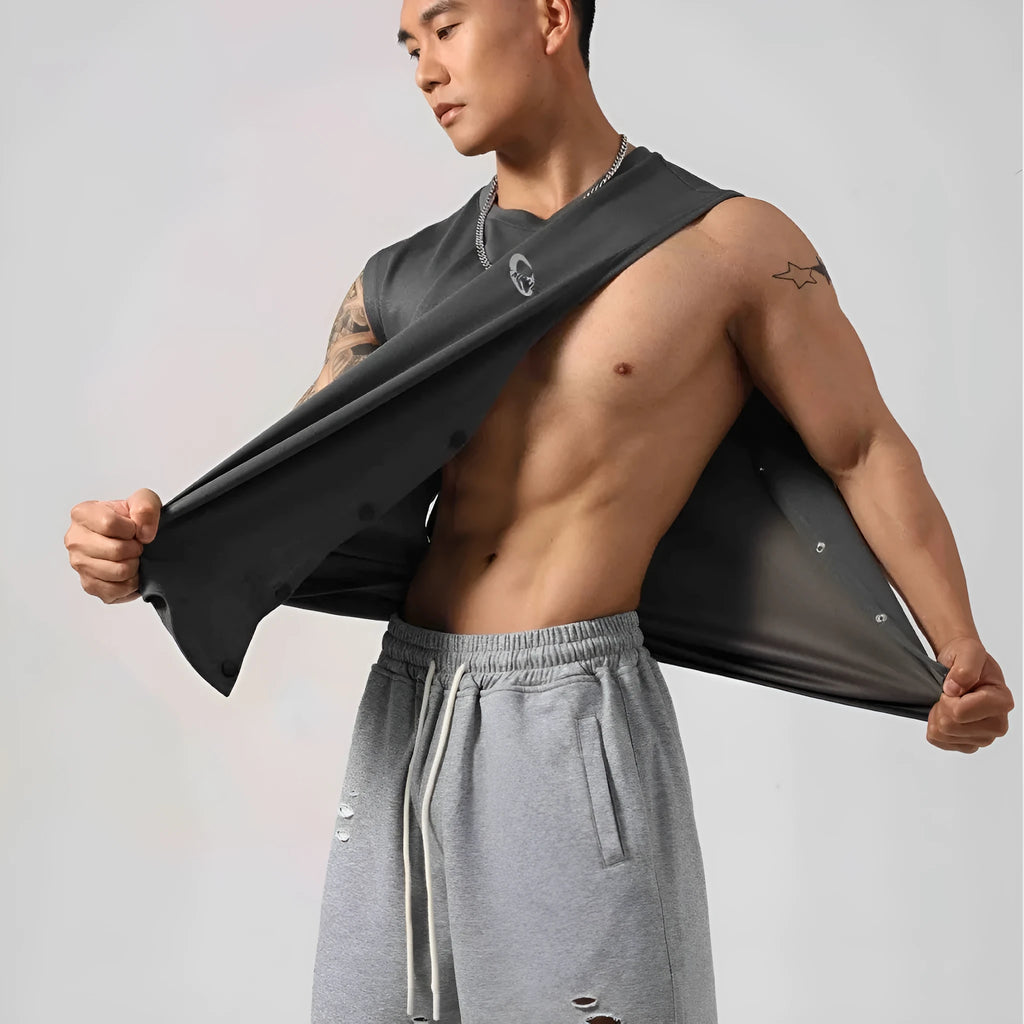 Korean style fitness vest with hidden hook side openings in cotton fabric, shown in black colour