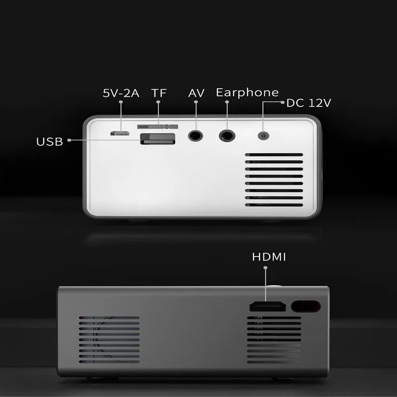 Mini LED projector with HDMI USB AV ports, 320x240 resolution, 25 ANSI lumens, black blue yellow colours