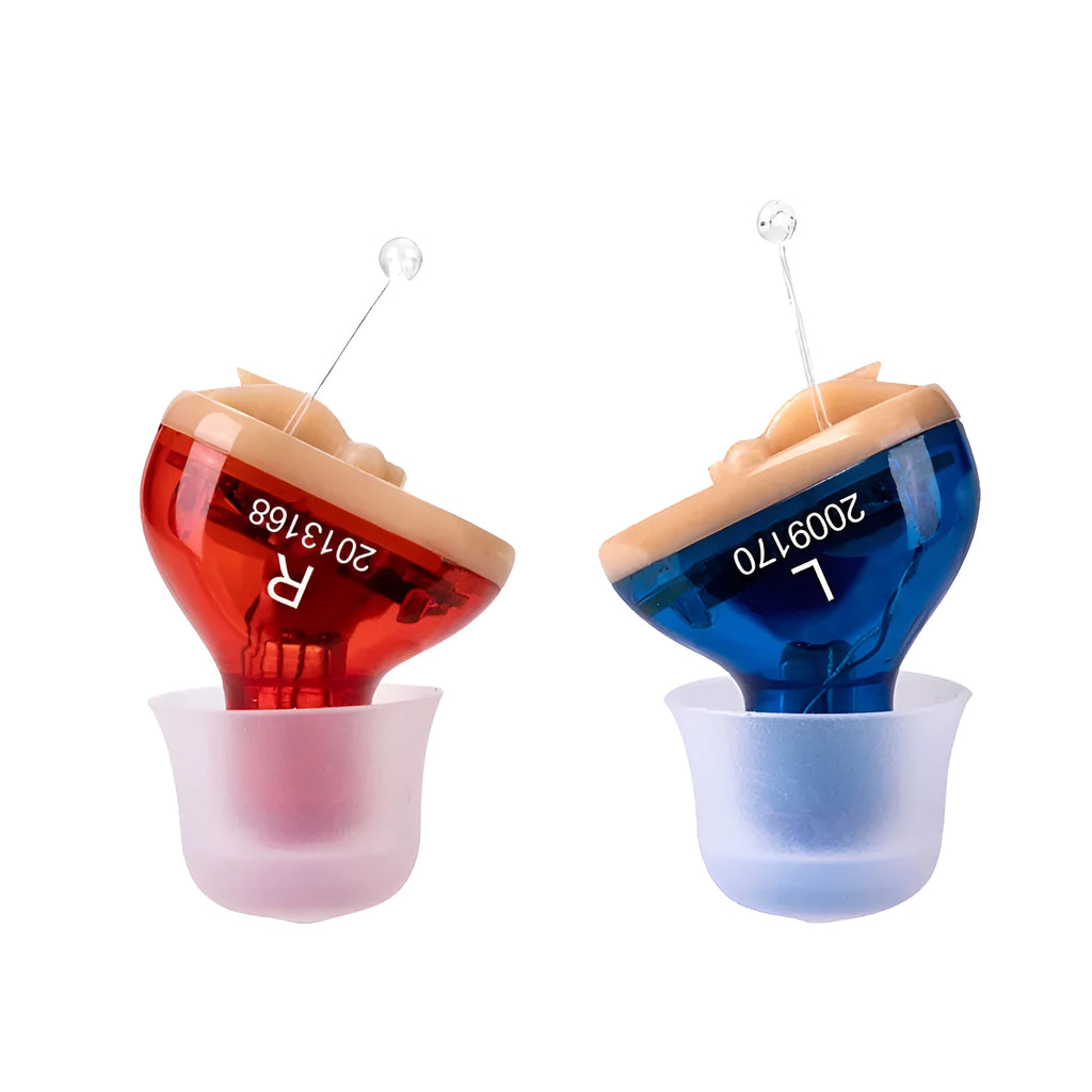 Q10 CIC hearing aids in red and blue colours with mini wireless design measuring 1.8cm x 1.2cm