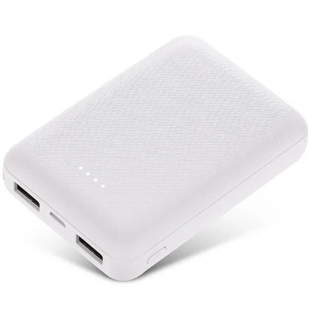 Slim 10,000mAh power bank in black or white with multiple USB ports showing 90x63x22mm dimensions
