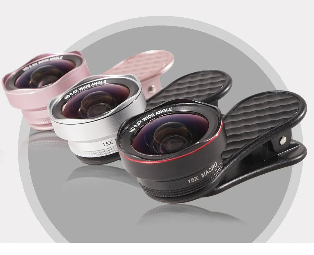 LQ-046 black mobile phone lens kit with wide-angle and macro lenses on a smartphone