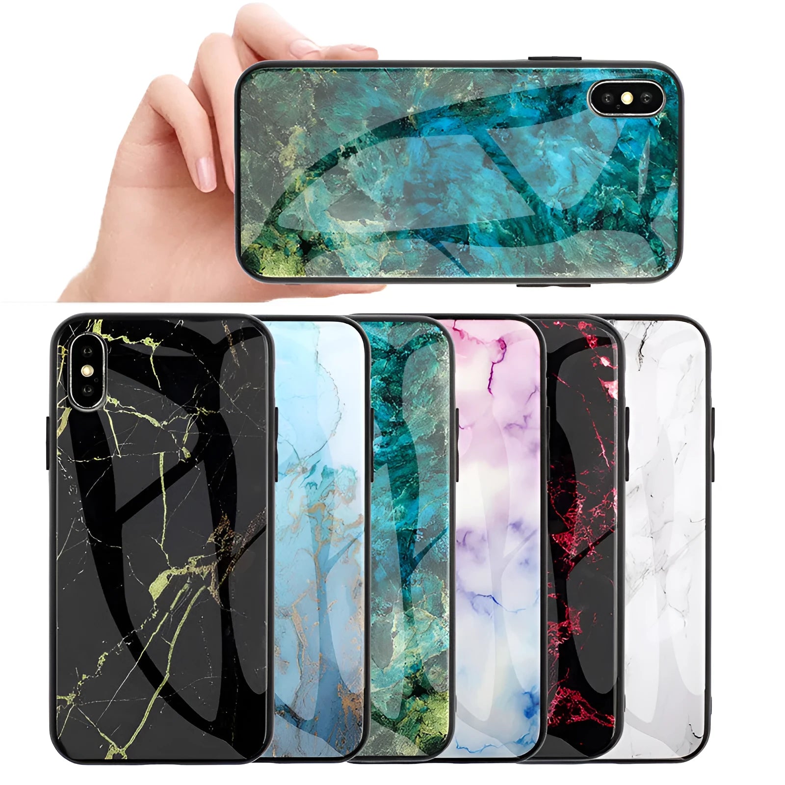 Clear marbled glass shell TPU protective case for Huawei phone with cute cartoon patterns in multiple colours.