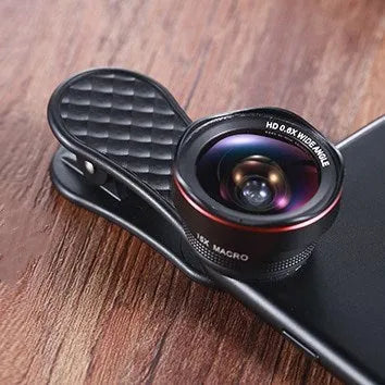 LQ-046 black mobile phone lens kit with wide-angle and macro lenses on a smartphone