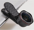 LQ-046 black mobile phone lens kit with wide-angle and macro lenses on a smartphone