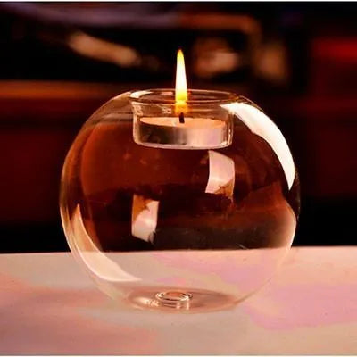 Handmade round hollow glass candle with spherical design, 7.5-10.0cm diameter range, clear transparent glass