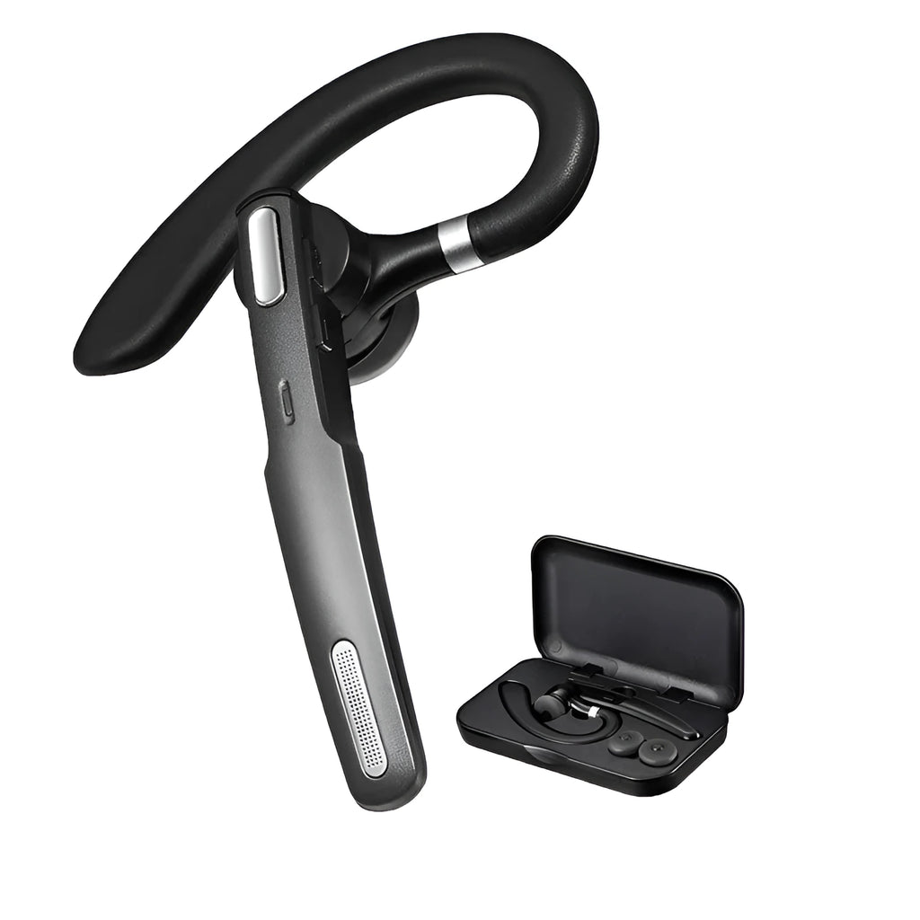 Black mono Bluetooth headset with hanging ear design showing single earpiece