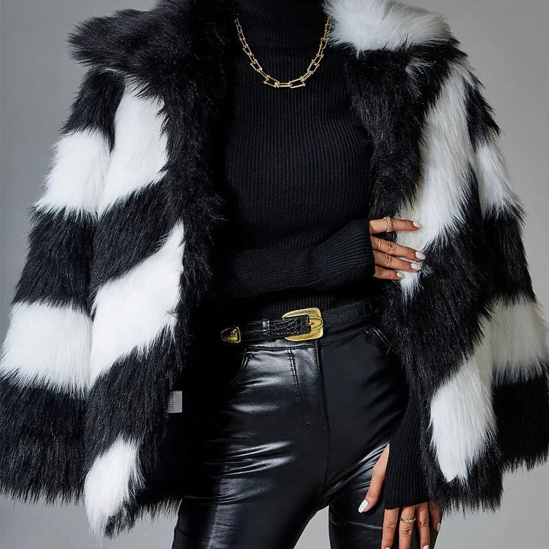 Women's lapel contrast colour faux fur coat with attached fur collar, 50cm length in polyester fibre