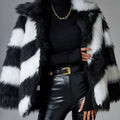 Women's lapel contrast colour faux fur coat with attached fur collar, 50cm length in polyester fibre