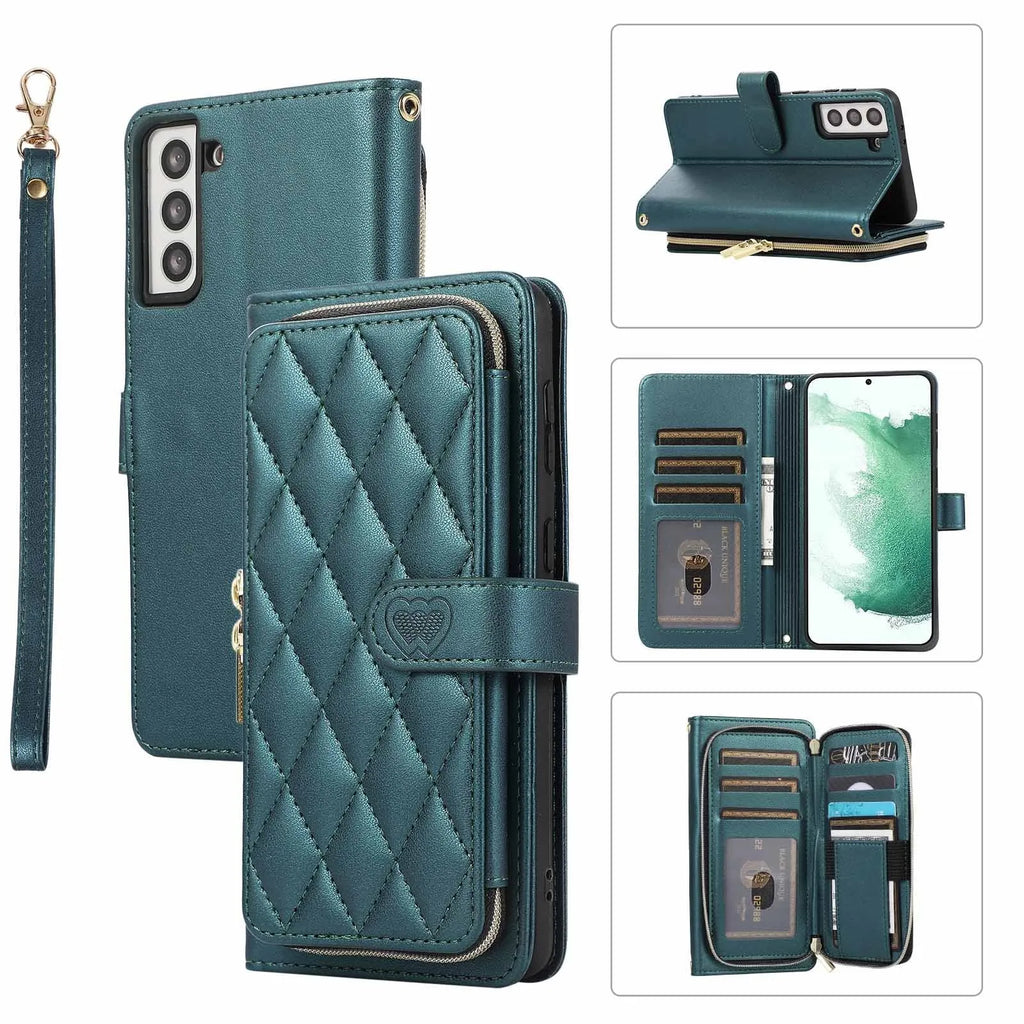 Crossbody Samsung phone case with large card holder, flap, lanyard, and magnetic suction in black