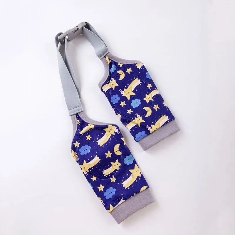 Blue dog knee protector with adjustable buckle and matching scarf on medium-sized dog