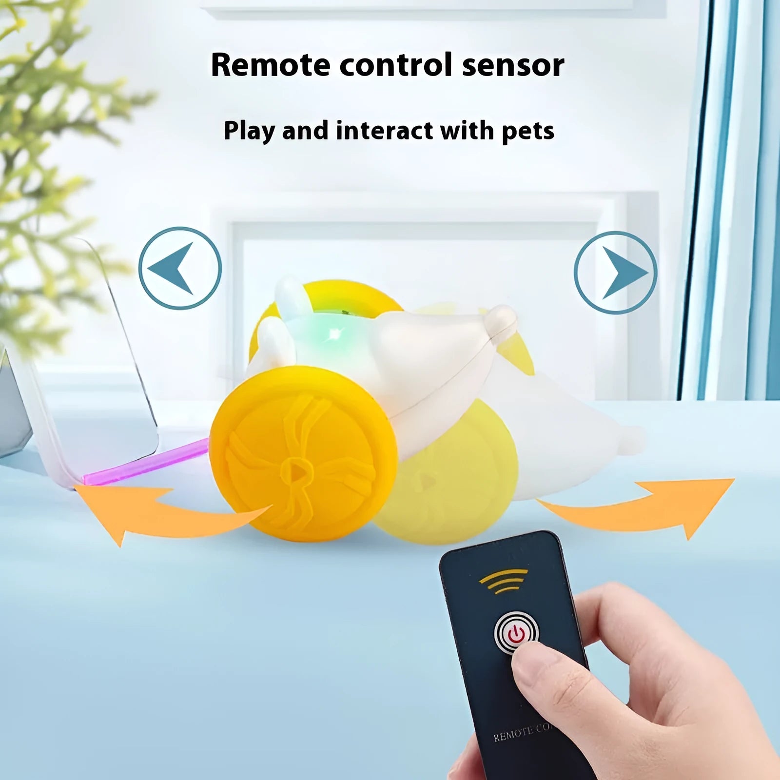 Electric self-moving cat toy mouse in blue technical design with remote control on hard floor surface