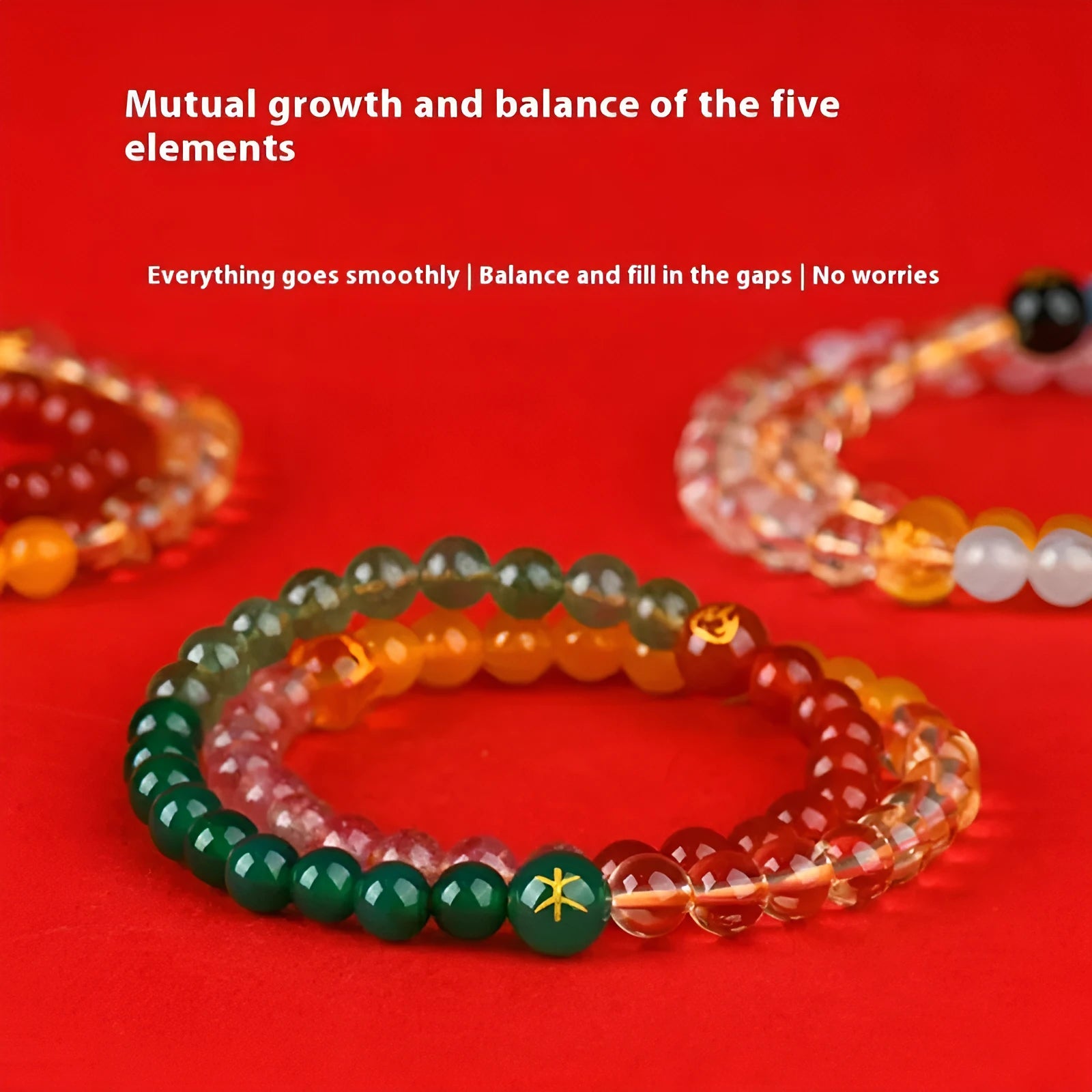 Crystal double ring bracelet in five elements colours with geometric round design and national style elements