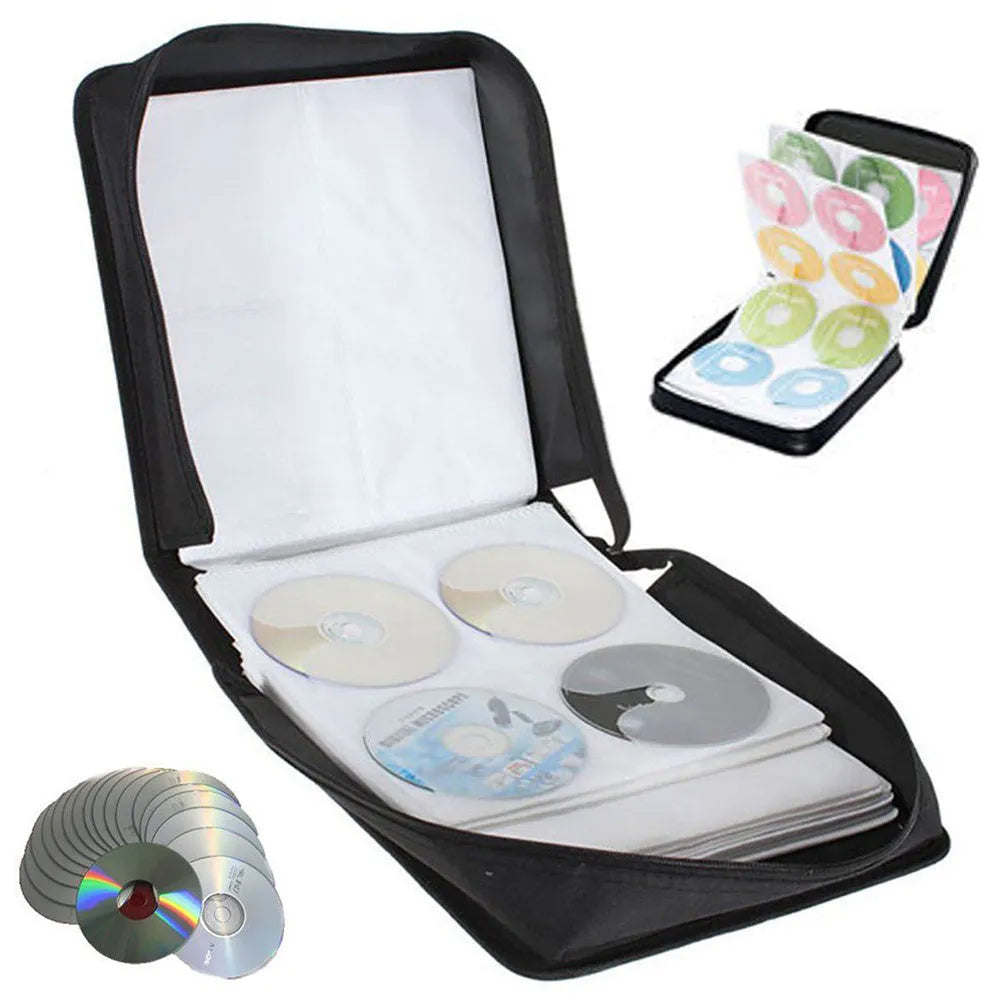 Black Oxford cloth CD DVD storage organiser bag with zipper closure and top hand strap