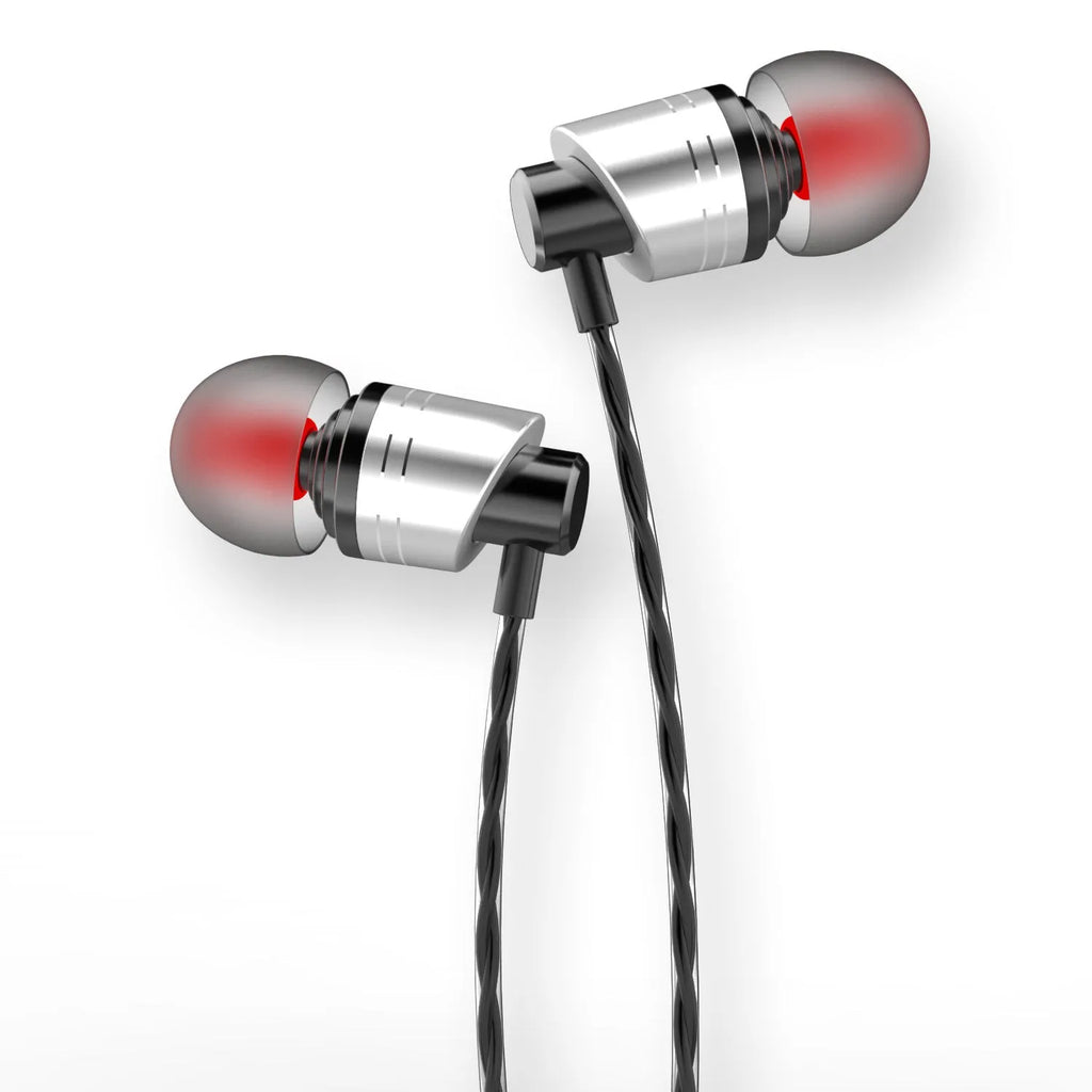 Black in-ear headphones with metal subwoofer housing, 1.2m TPE cable, and 3.5mm plug