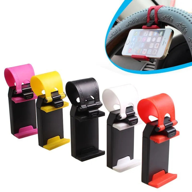 Black steering wheel phone holder mounted showing phone compatibility with dimensions 75x40x25mm