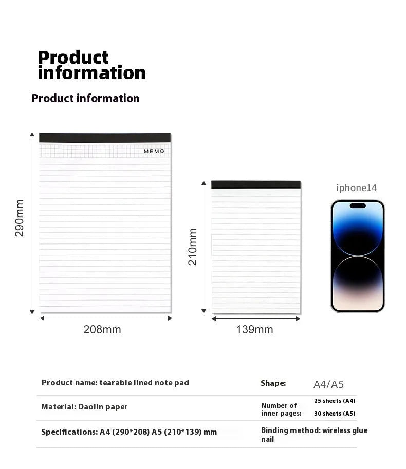 A4 tearable notebook with grid pages and wireless adhesive binding, paper cover