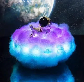 LED astronaut cloud lamp with colour-changing rainbow effect on a wooden stand, 15 x 20cm night light for kids