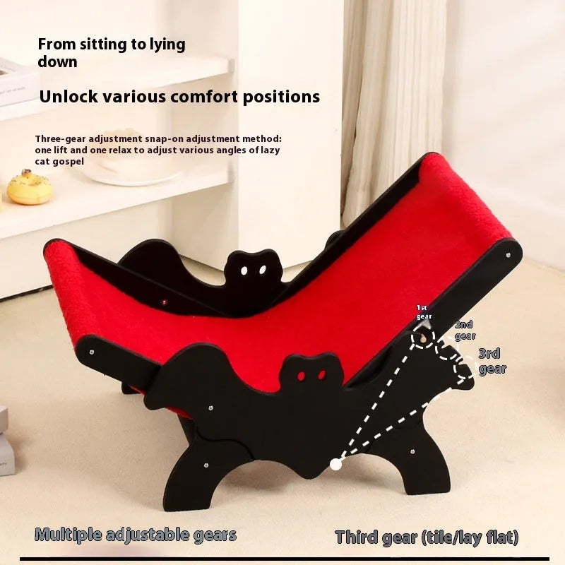Wooden cat recliner with bat-shaped backrest in black and red Halloween colours