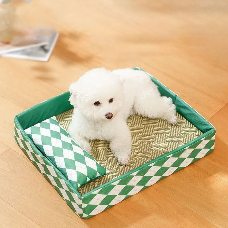 Blue cat litter mat with integrated rattan bed showing 2 cm raised border and removable fabric insert