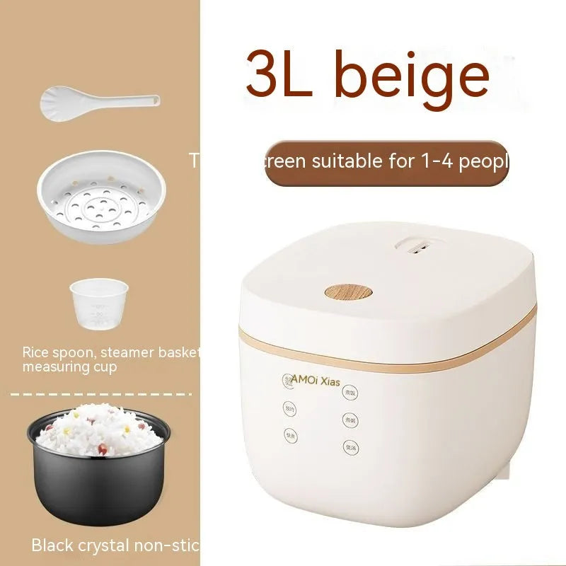 White and beige plastic multi-function 3-litre rice cooker with black inner pot and accessories.