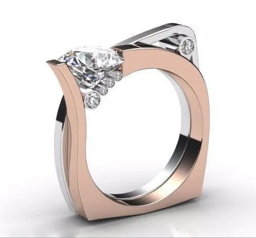 Rose gold electroplated couple rings with zircon inlays and geometry design, shown in various UK sizes
