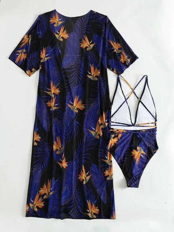 Women's three-piece polyester swimsuit set showing one-piece swimsuit and matching cover-up coat in one of four available patterns.