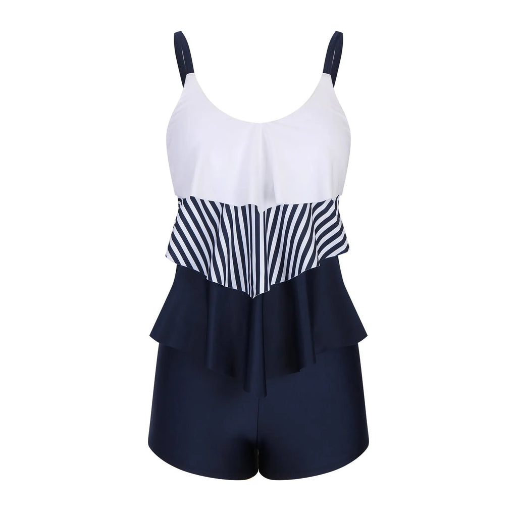 Ladies conservative stripe boyshorts split fashion one-piece swimsuit