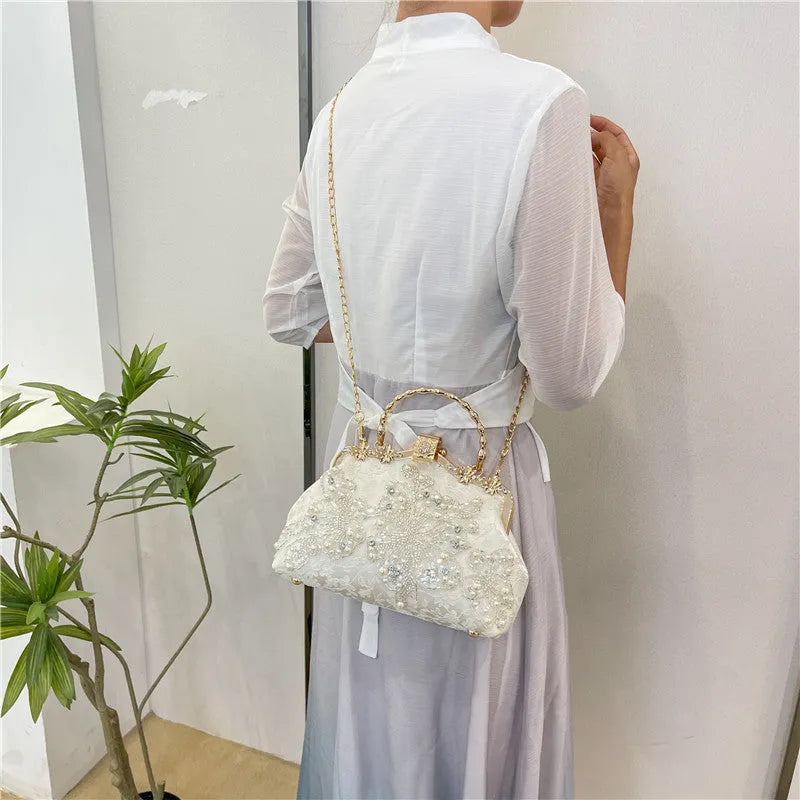 Pearl embroidered fashion handbag with double shoulder straps in horizontal square shape