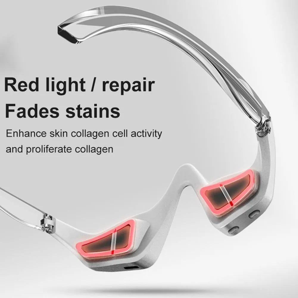 Pink and white USB rechargeable micro-current eye massager with glasses-style frame on a grey background.