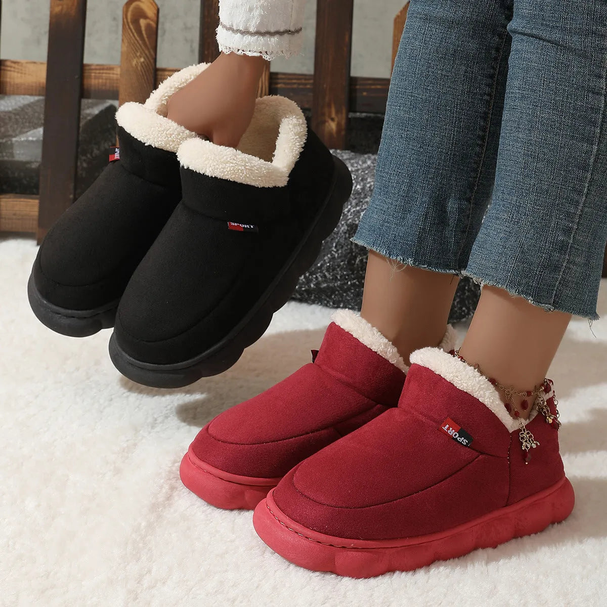 Winter plush cotton house shoes with soft velvet upper, suede lining, and thick rubber sole in solid colours.