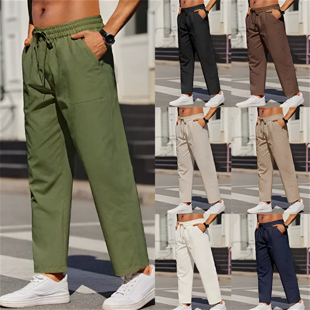 Men's linen straight leg trousers with elastic waistband in apricot colour