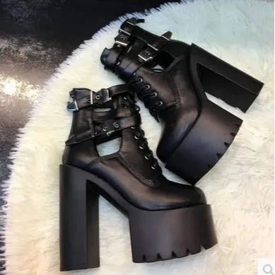 Women's chunky heel short boots with back zipper and lace-up detail, faux leather, white or black