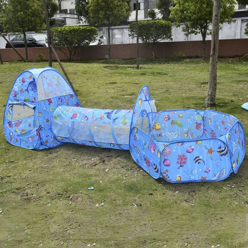 Three-piece children's play tent with marine cartoon design and tunnel sections for 4-6 year olds