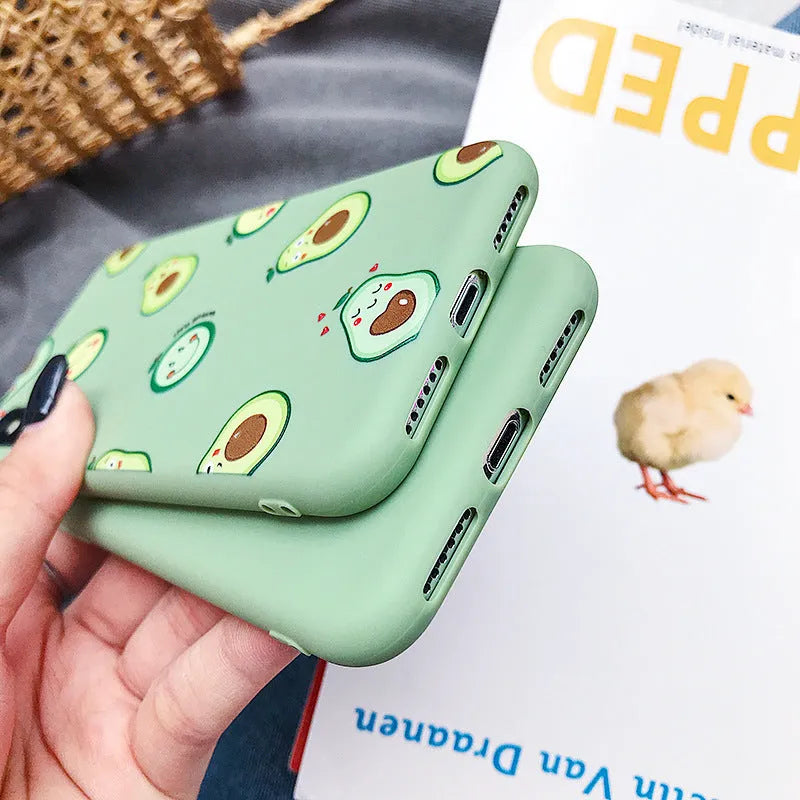 Avocado-themed TPU phone case with cartoon design for Apple and Android phones, showing precise port cutouts.