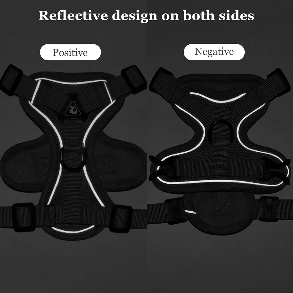 Adjustable mesh cat harness with leash showing reflective strips and secure snap fastenings