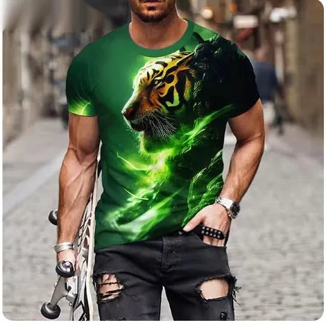 Men's 3D lion print t-shirt in various colours, showing bold graphic and polyester fabric