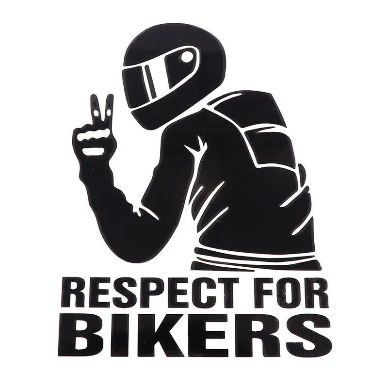 Respect for Bikers 15cm by 11cm vinyl car sticker in reflective silver colour on a vehicle window.