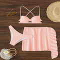 Women's light pink lace-up bikini three-piece swimsuit set with skirt cover-up