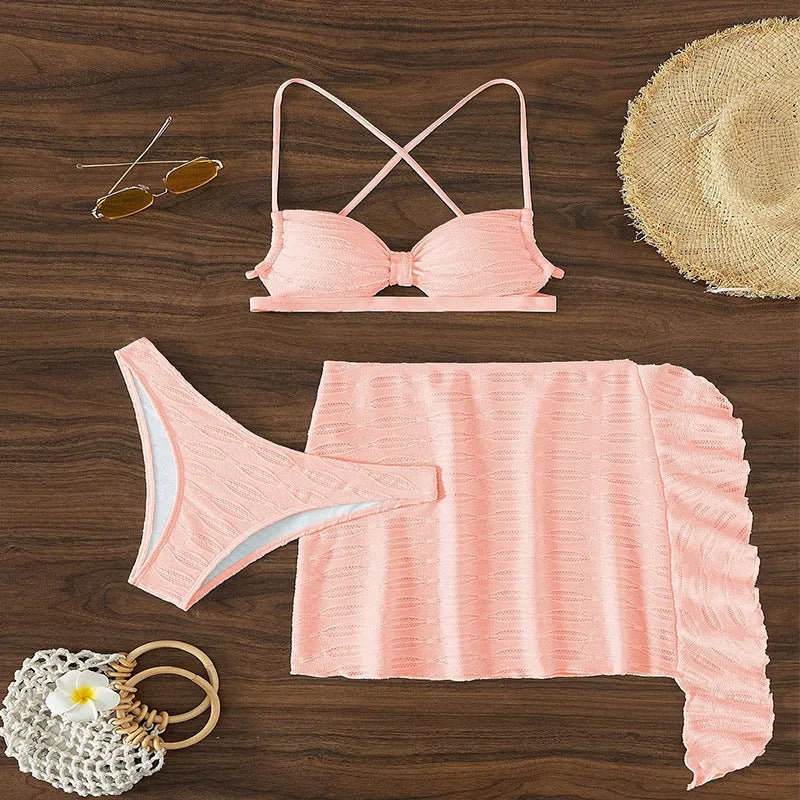 Women's light pink lace-up bikini three-piece swimsuit set with skirt cover-up