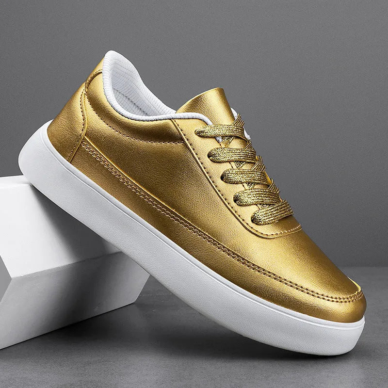 Women's leather flat casual shoes with front lace-up closure in gold colour