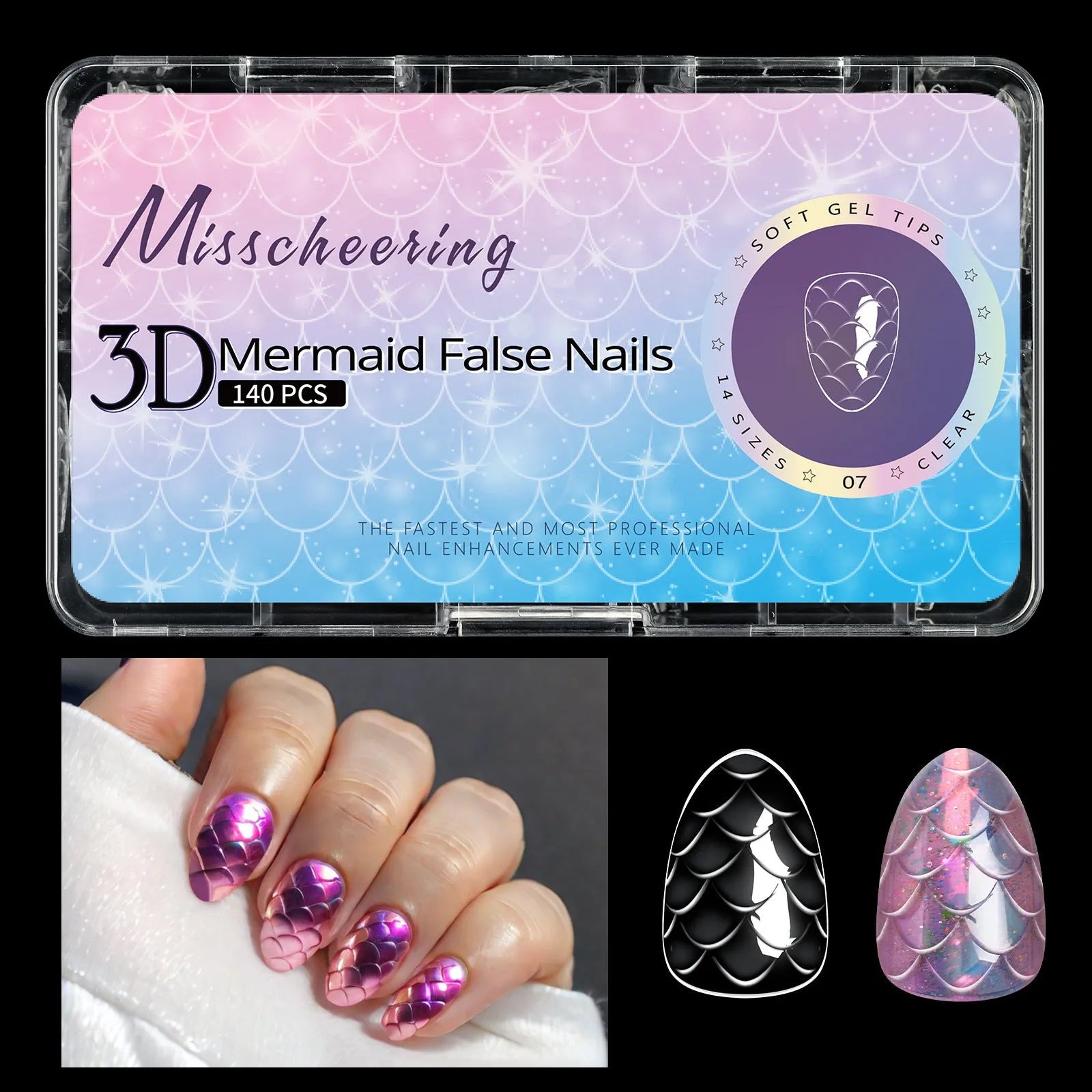 Box of 3D scale long shaping artificial nail tips in a Frigate Box colour option.