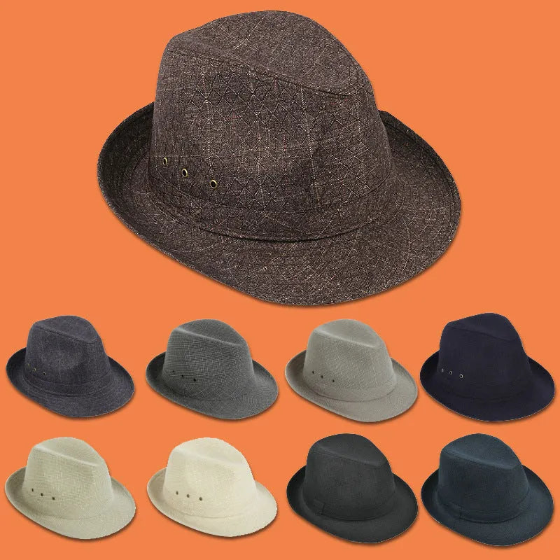 Structured fedora hat for men in thickened suit material, shown in classic colour options