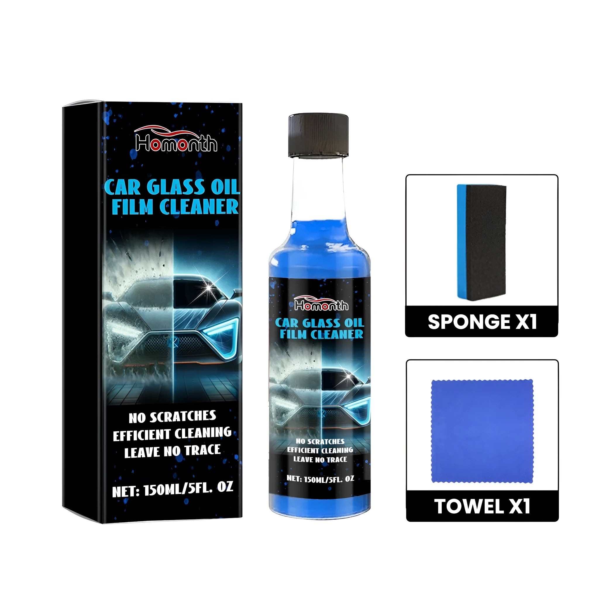 Blue PET bottle automotive glass oil film cleaner with spray top, sponge and microfiber towel
