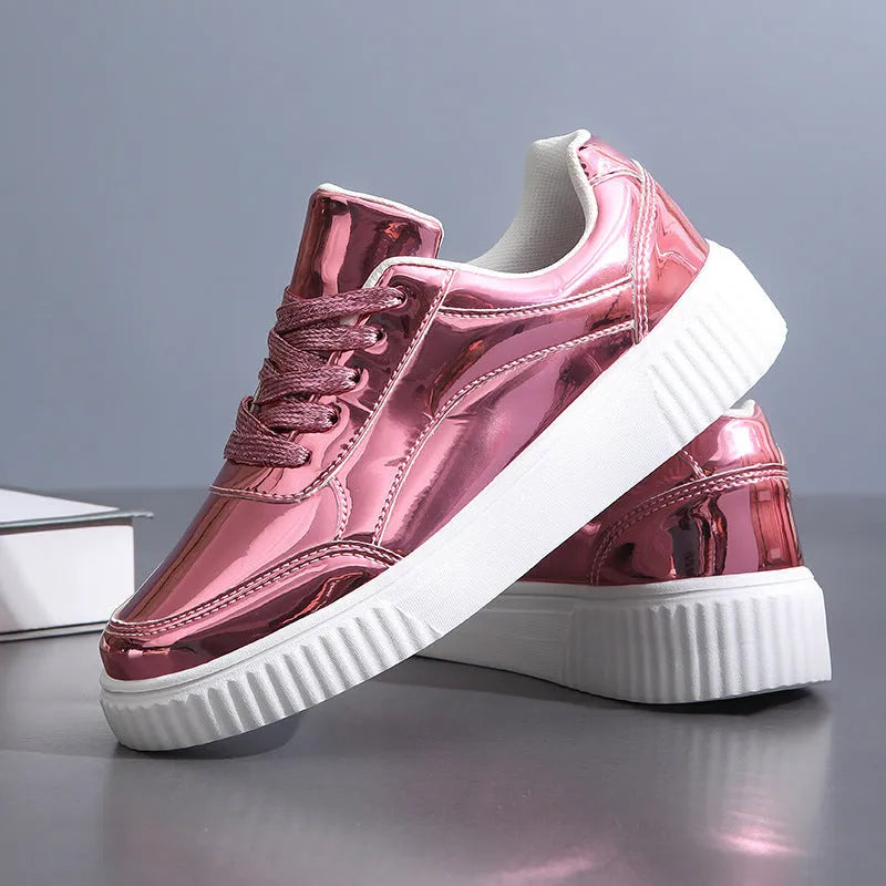 Rose gold and gold sequin platform sneakers with thick MD sole and stitching detail.