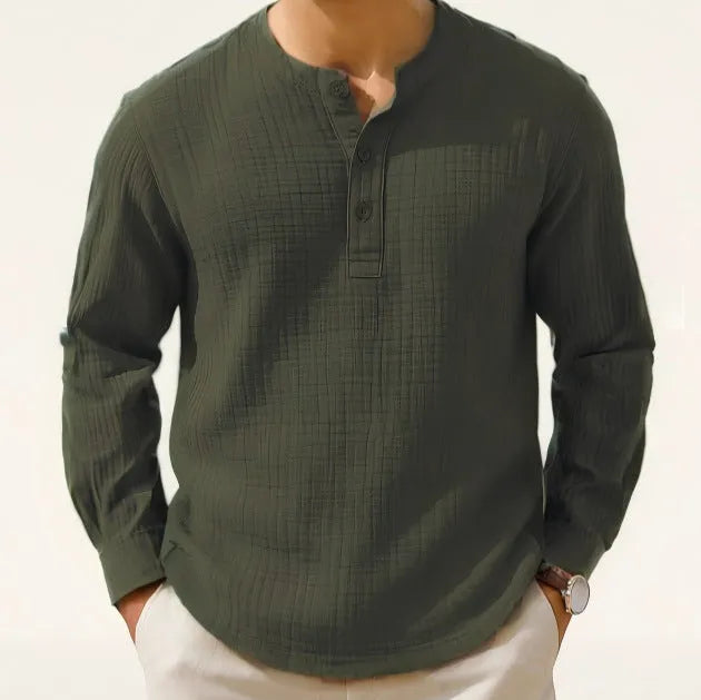 Long sleeve linen blend shirt in slim fit with 3/4 sleeves and round neck
