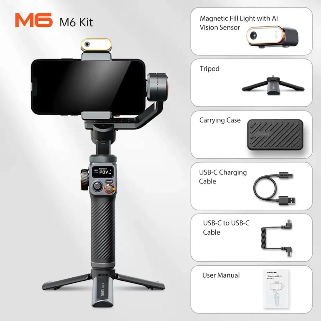 Black three-axis stabiliser with magnetic AI fill light attached to smartphone