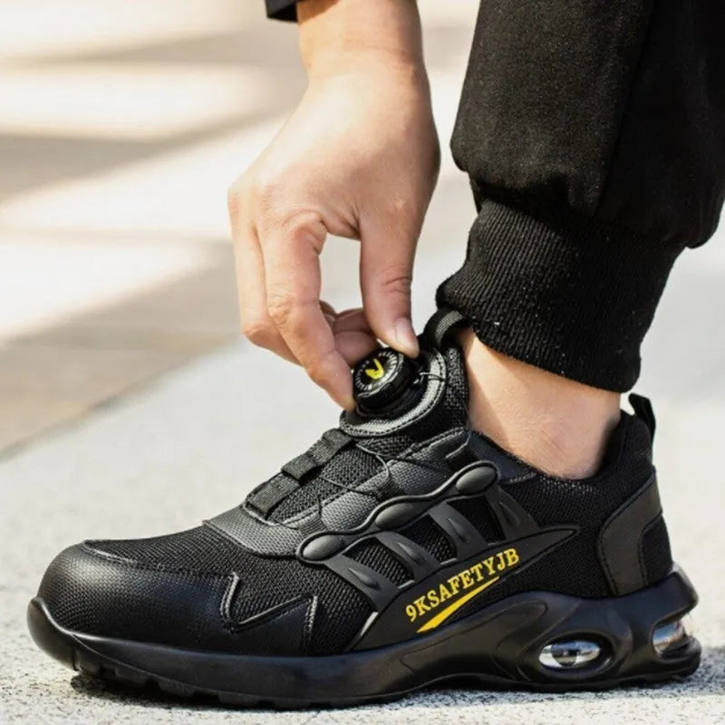 Men's 818Black suede safety shoes with steel toe, rubber sole, and front lace-up, sizes 37-46.
